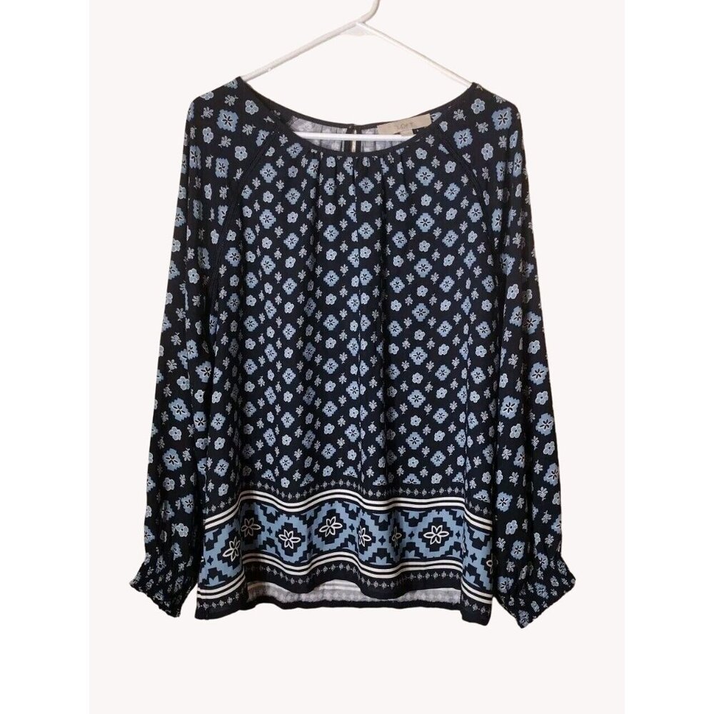 Loft Top Large Long Sleeve Dual Fabric Floral Keyhole Back Button Blue